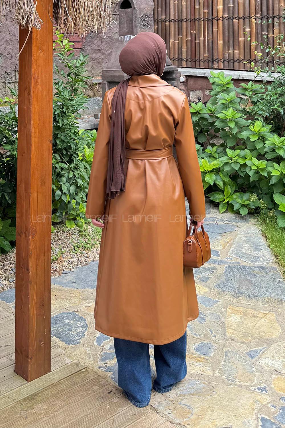 Lamelif Kuşaklı Deri Trençkot Camel