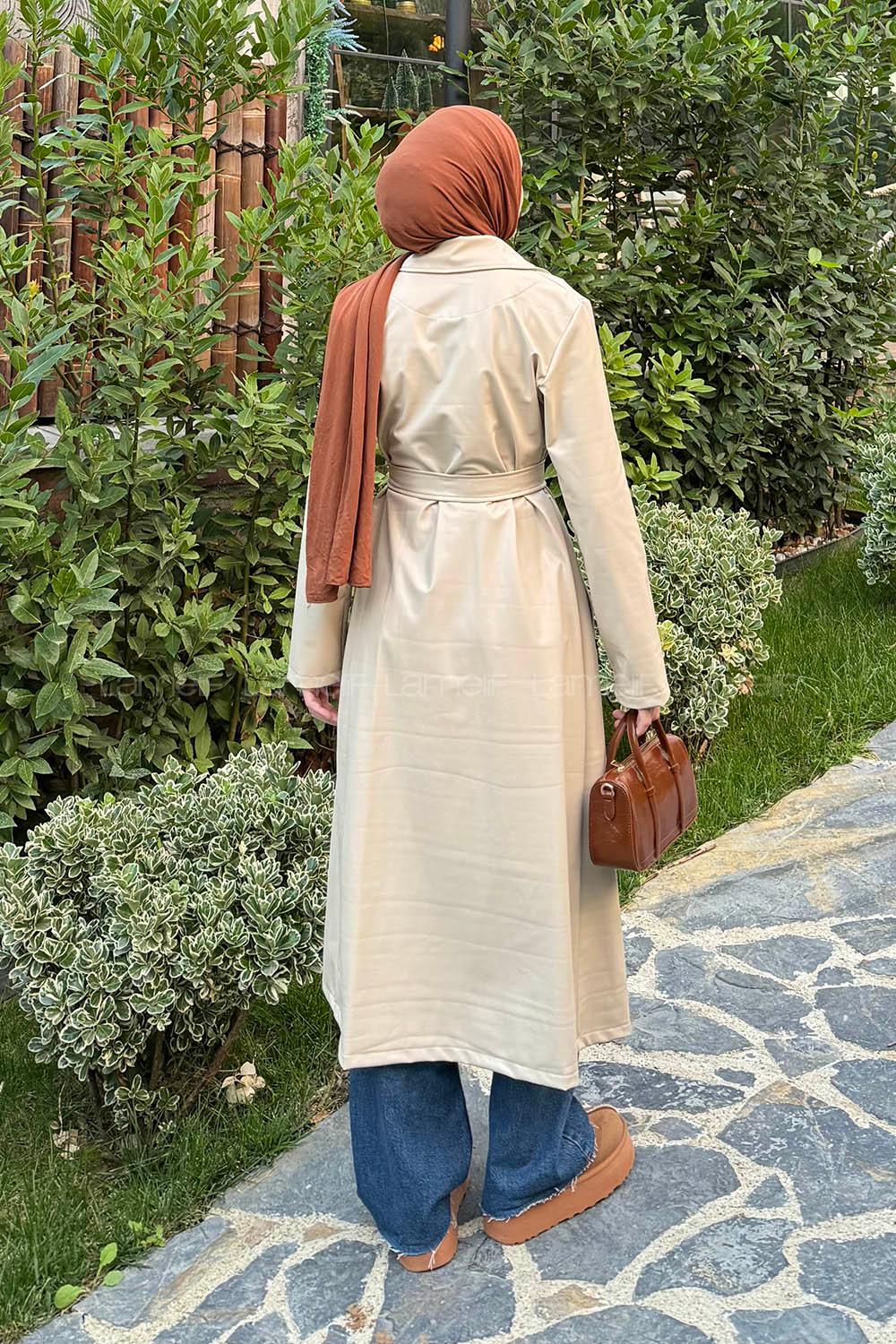 Lamelif Kuşaklı Deri Trençkot Taş Rengi