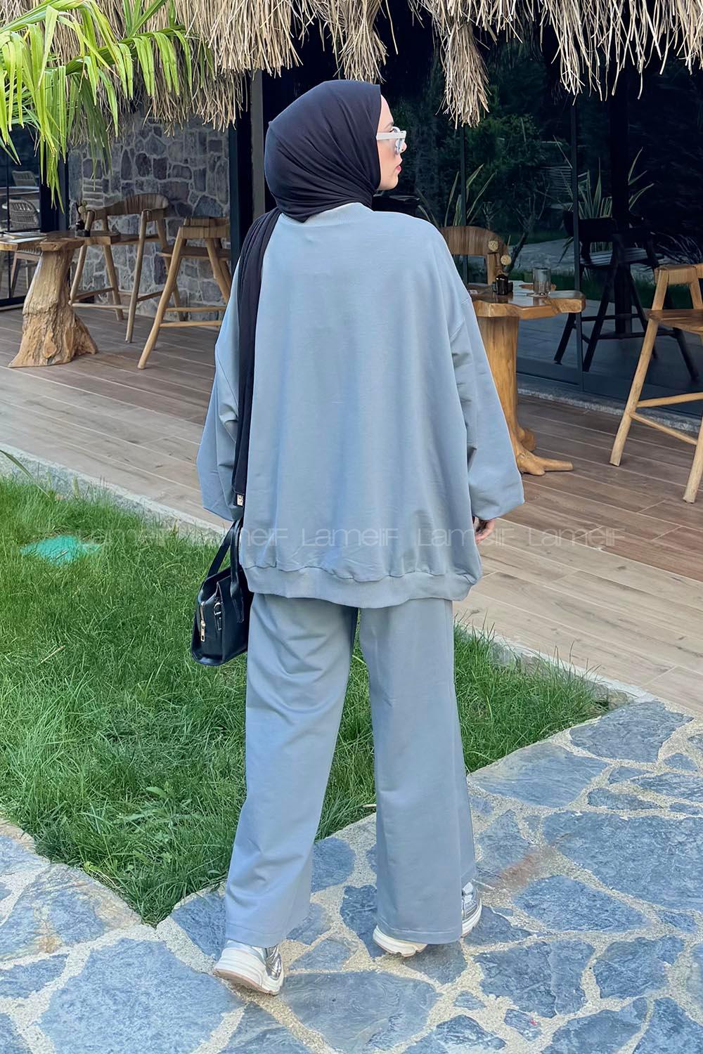 Lamelif Oversize Sweatshirt İkili Tesettür Takım Gri