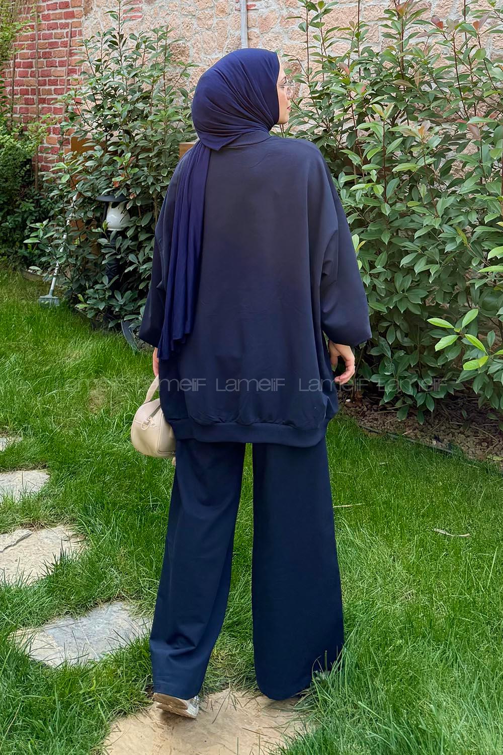Lamelif Oversize Sweatshirt İkili Tesettür Takım Koyu Lacivert