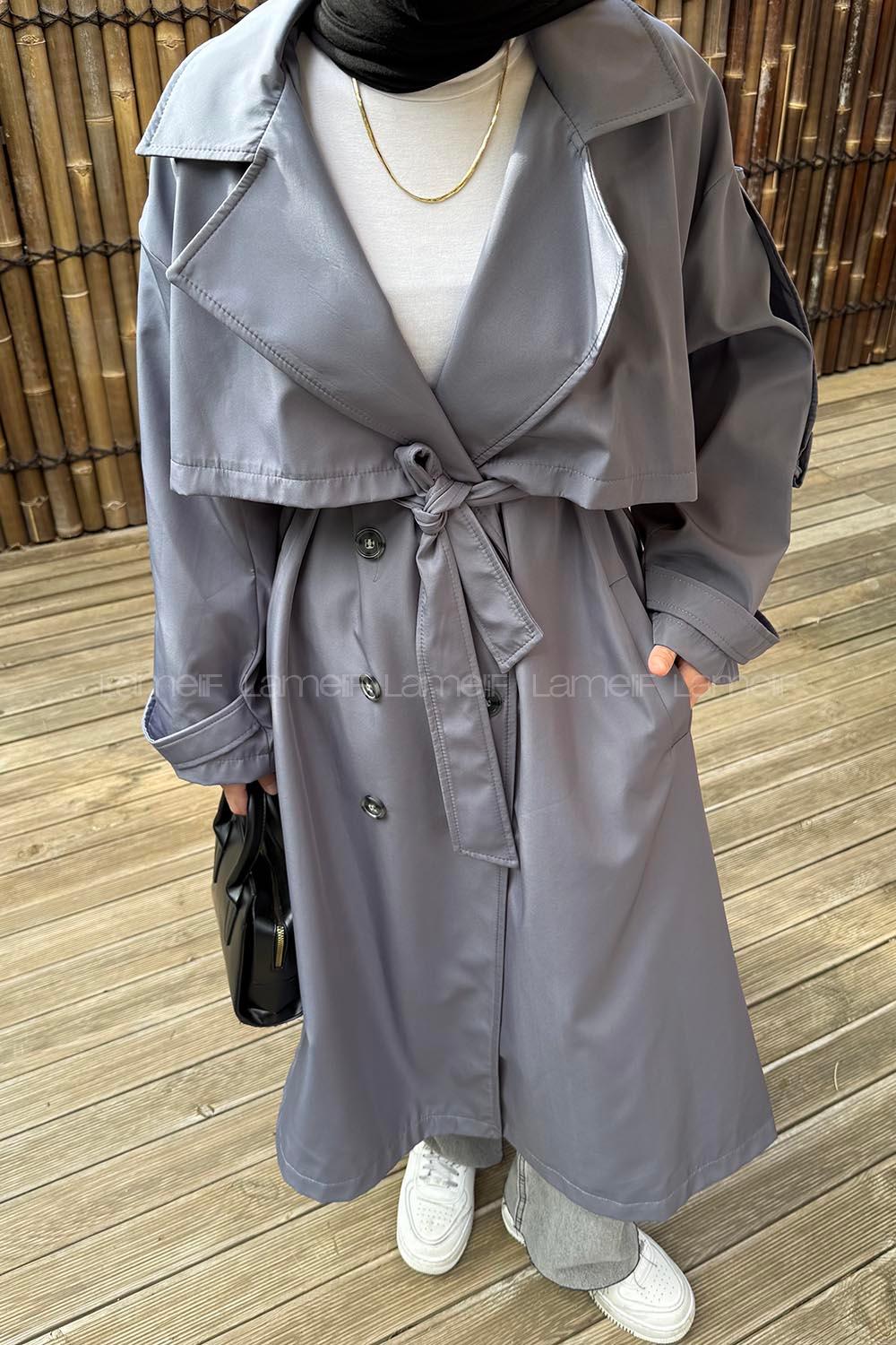 Lamelif Uzun Apoletli Oversize Trenç Antrasit