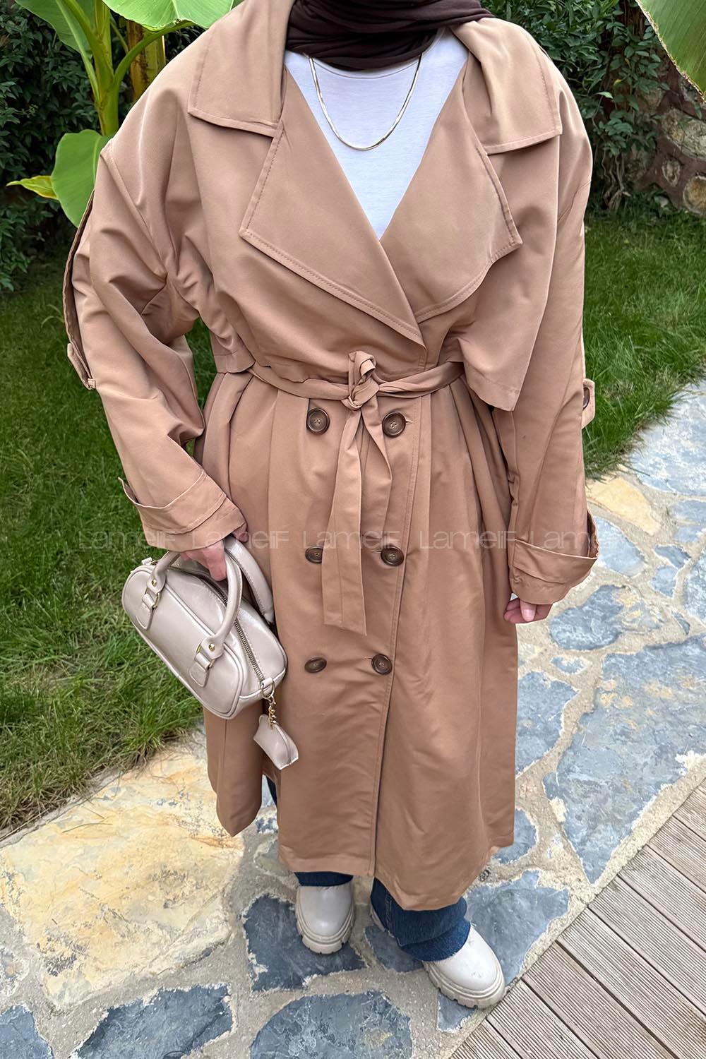 Lamelif Uzun Apoletli Oversize Trenç Camel