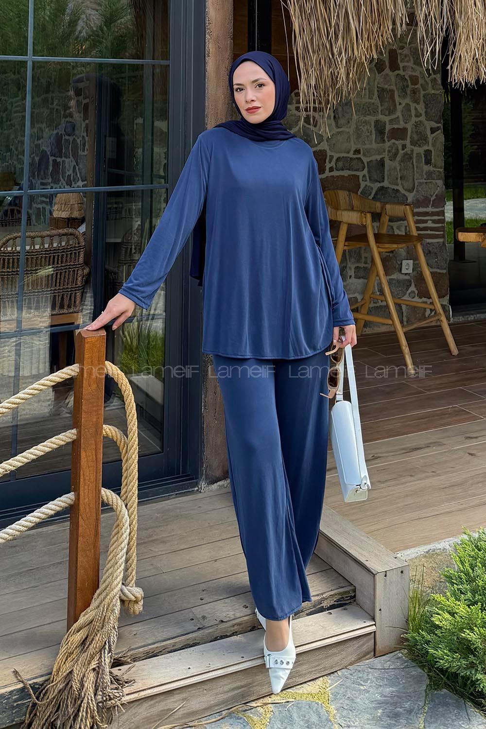 Lamelif Yan Yırtmaç Detaylı Takım Lacivert