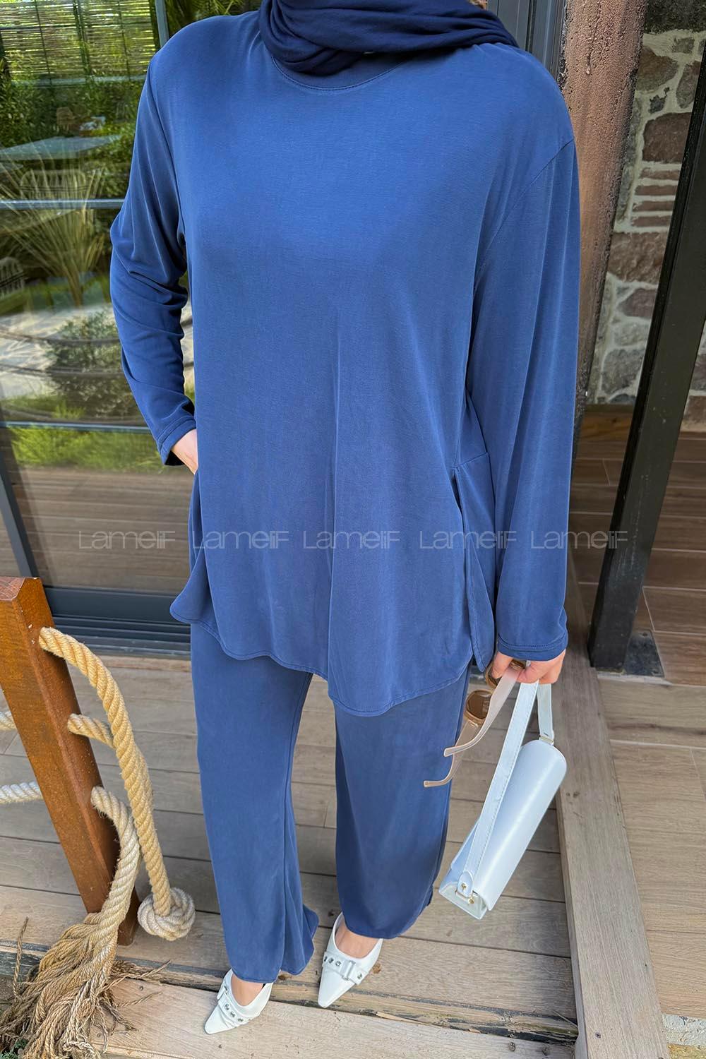 Lamelif Yan Yırtmaç Detaylı Takım Lacivert