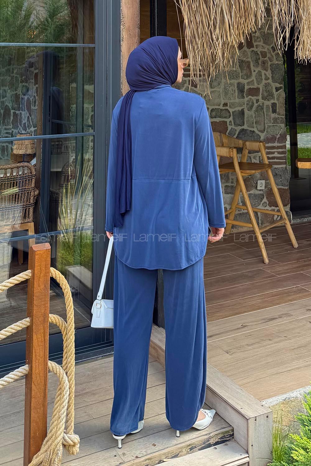 Lamelif Yan Yırtmaç Detaylı Takım Lacivert