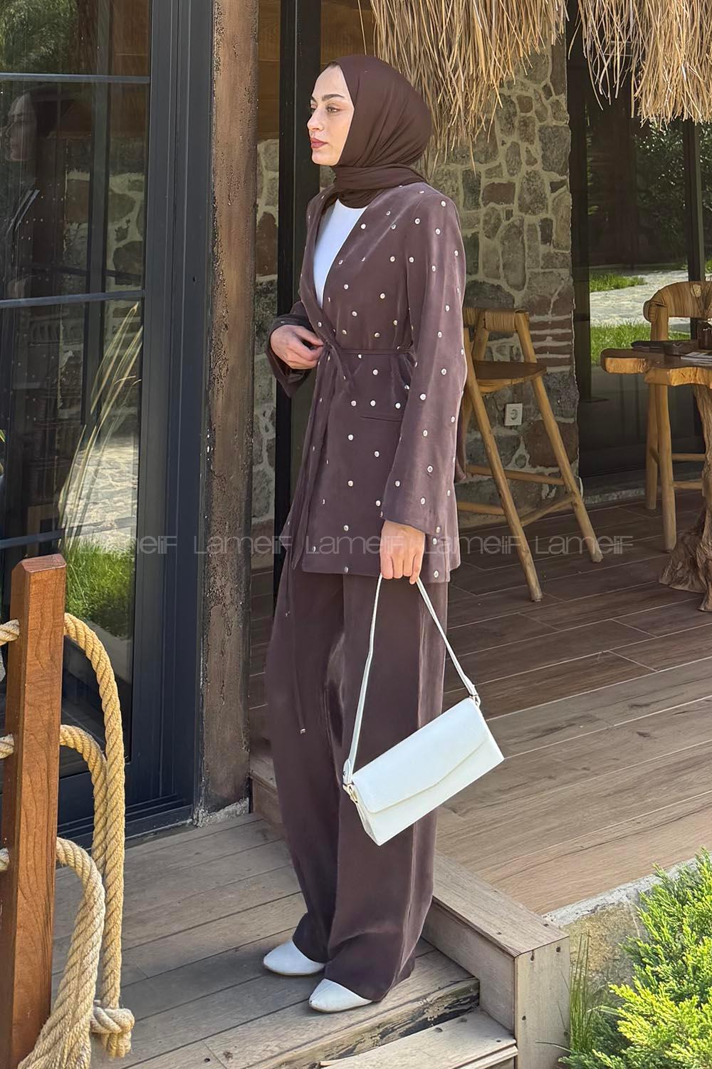 Lamelif Zımba Detaylı Pantolon-Ceket Takım Kahverengi