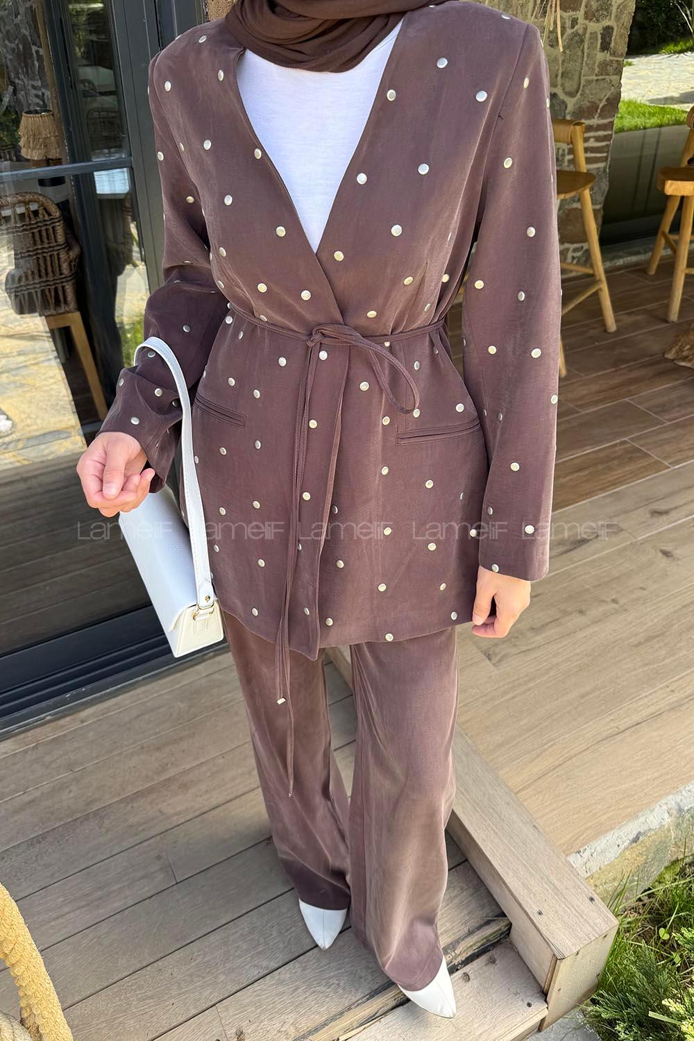 Lamelif Zımba Detaylı Pantolon-Ceket Takım Kahverengi