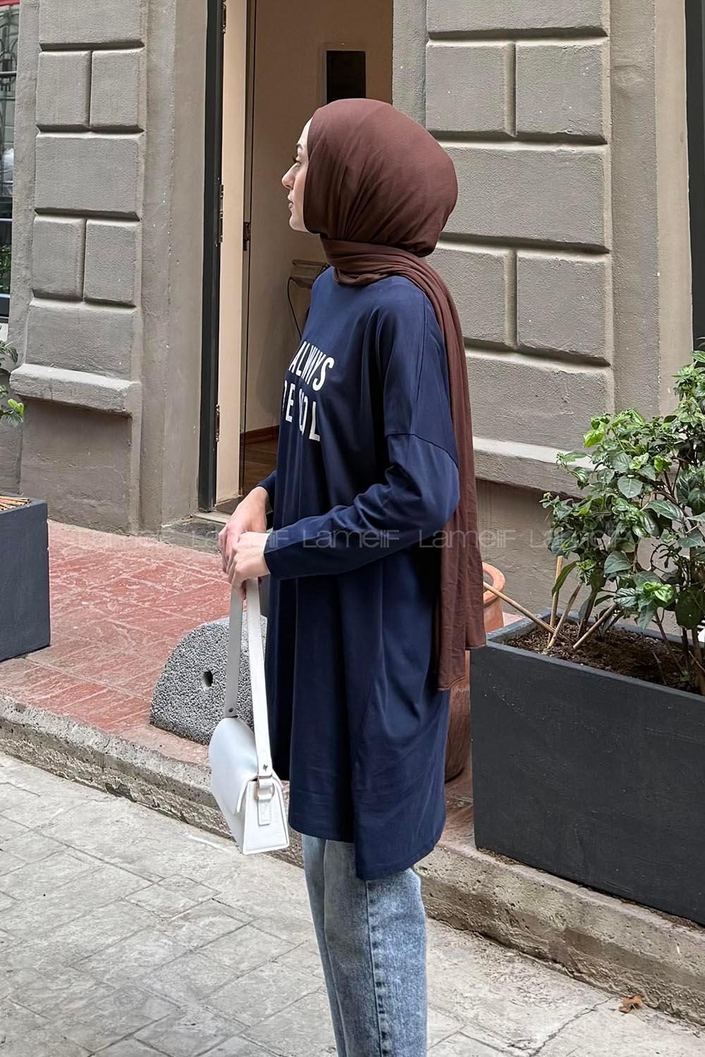 Navy Blue Crew Neck Cotton Tunic