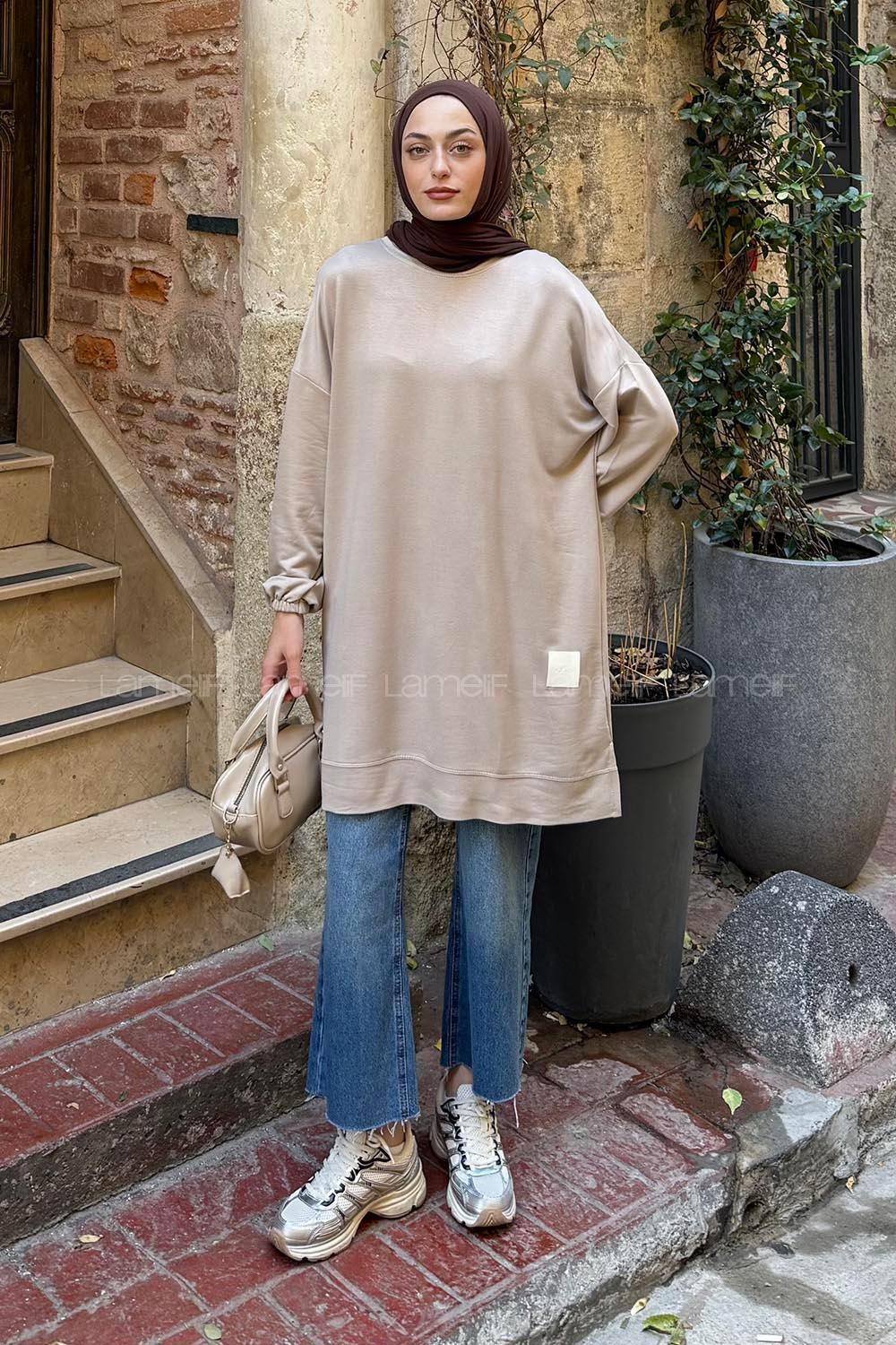 Lamelif Armalı Bisiklet Yaka Sweat Bej