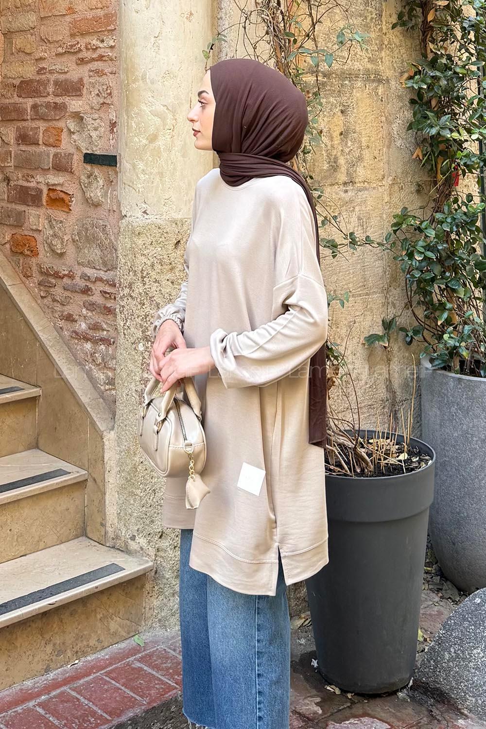 Lamelif Armalı Bisiklet Yaka Sweat Bej