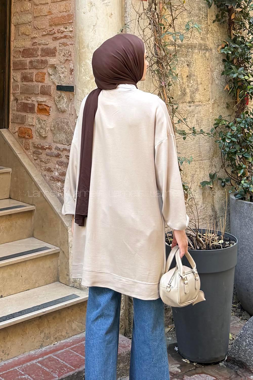 Lamelif Armalı Bisiklet Yaka Sweat Bej