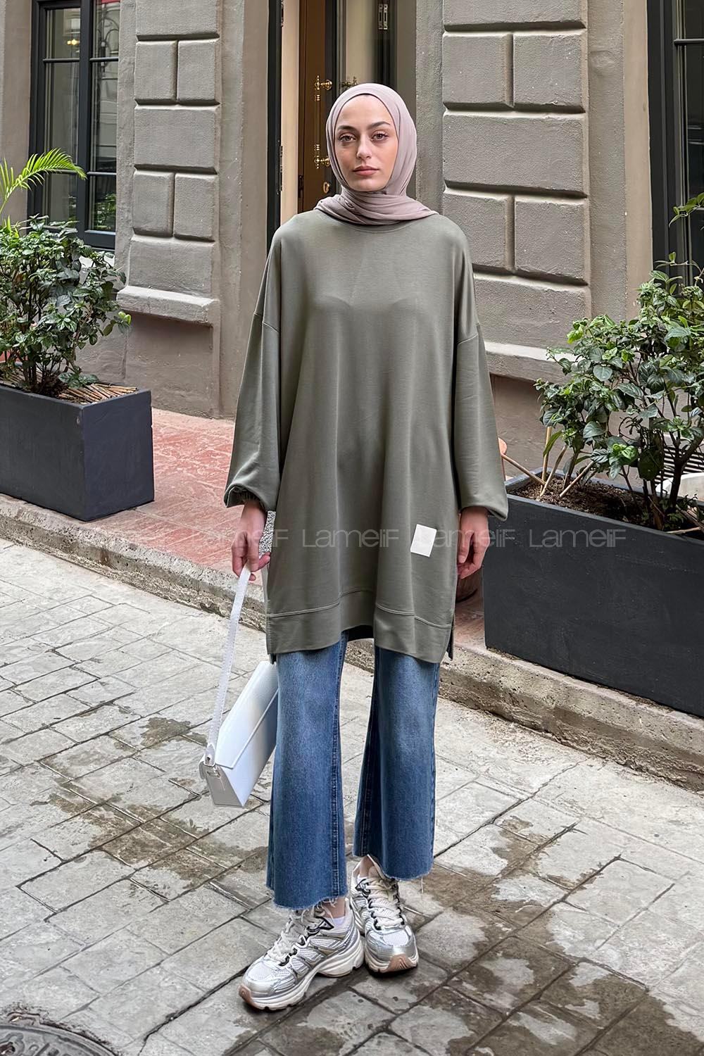 Lamelif Armalı Bisiklet Yaka Sweat Haki