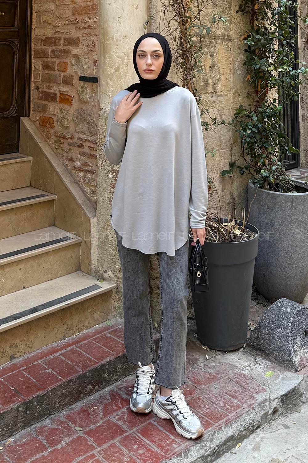 Gray Crew Neck Cotton Tunic