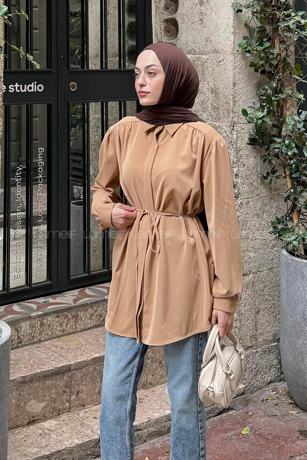 Lamelif Omuz Büzgü Detaylı Tunik Karamel