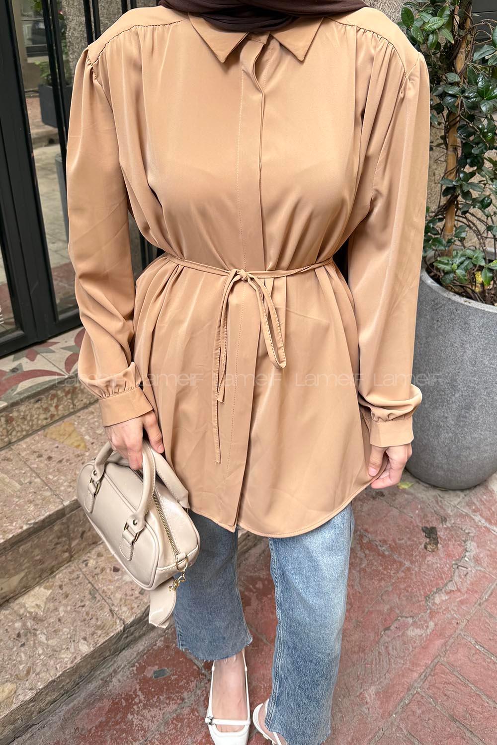 Lamelif Omuz Büzgü Detaylı Tunik Karamel