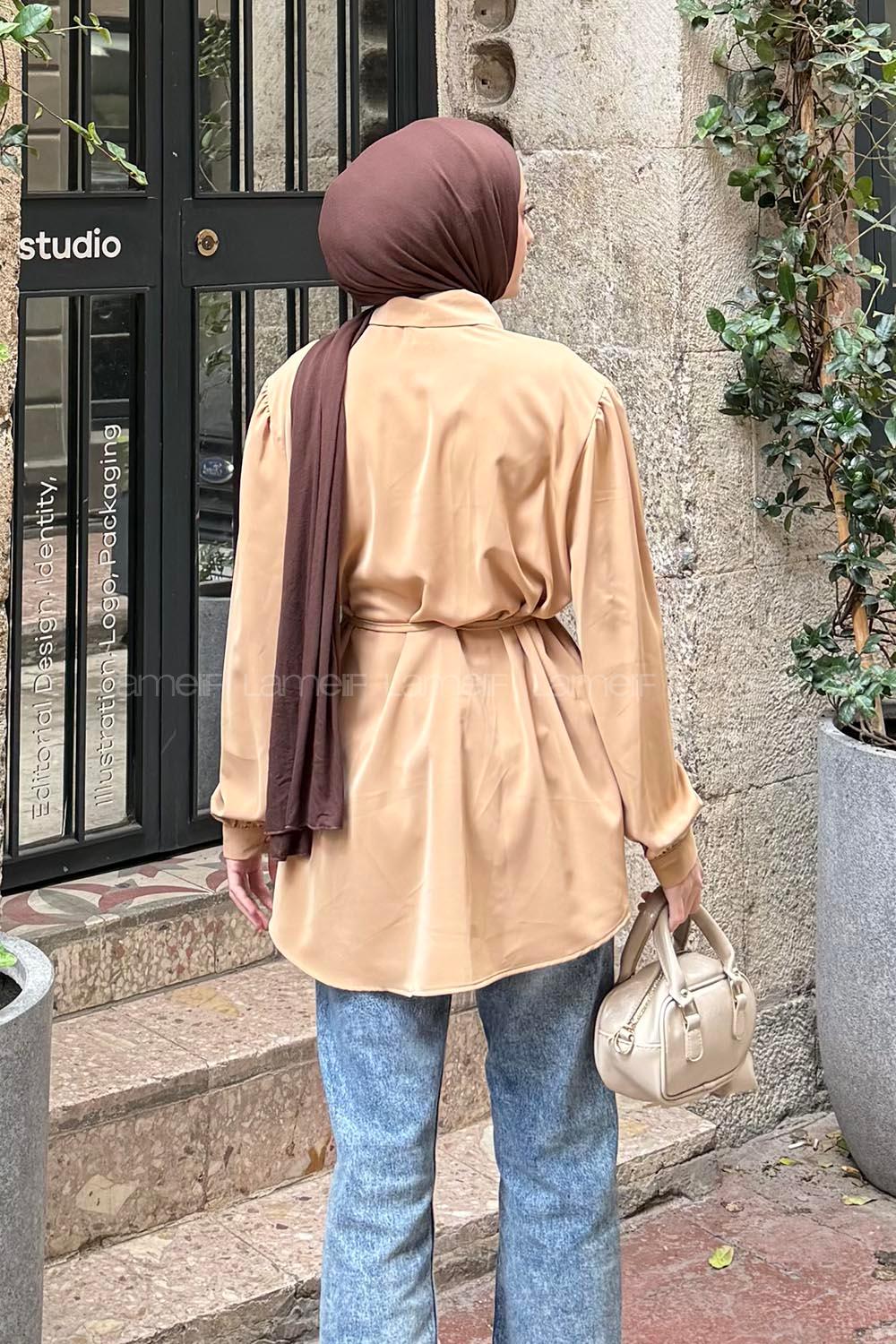 Lamelif Omuz Büzgü Detaylı Tunik Karamel