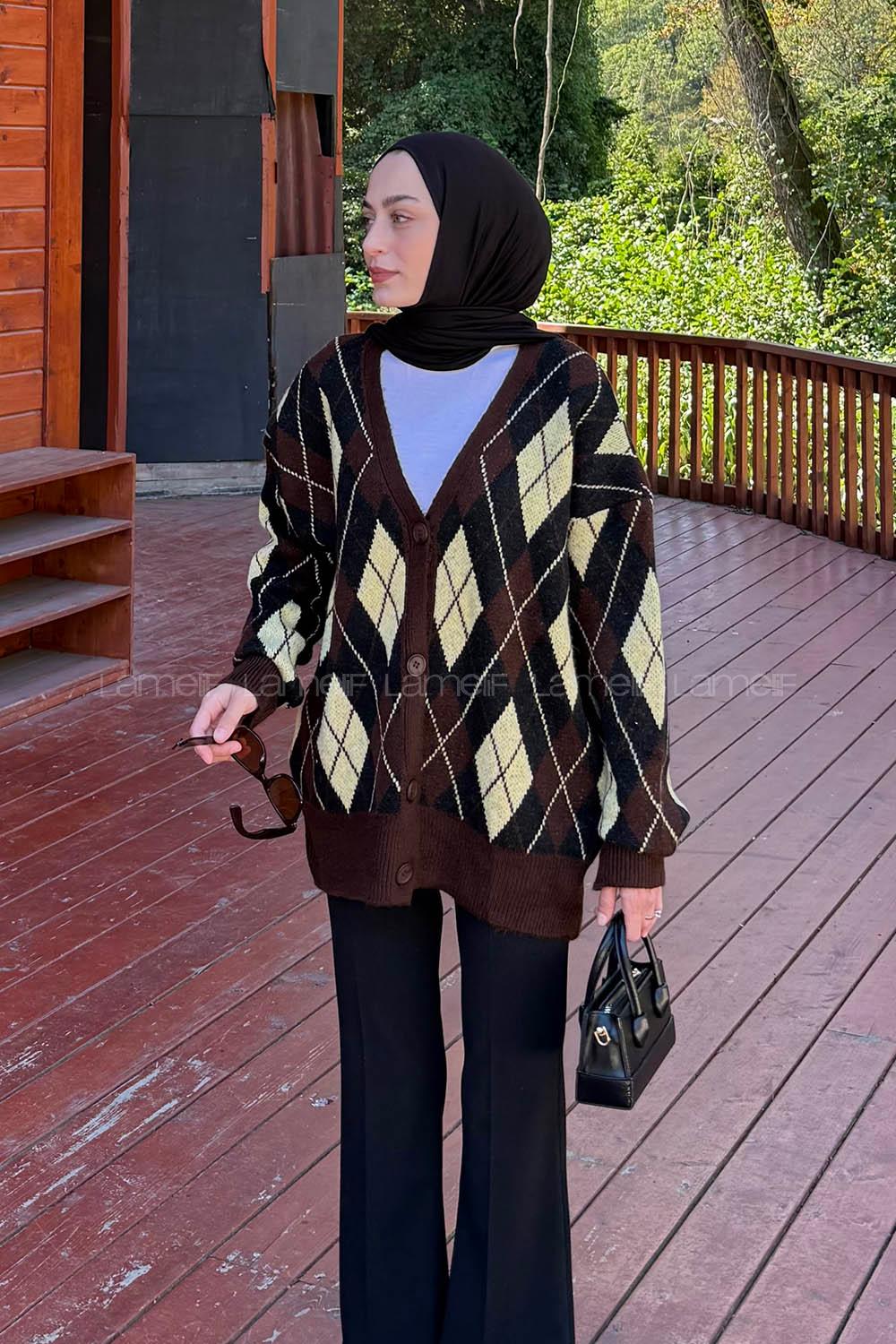 Lamelif Baklava Desen Jakarlı Hırka Kahverengi