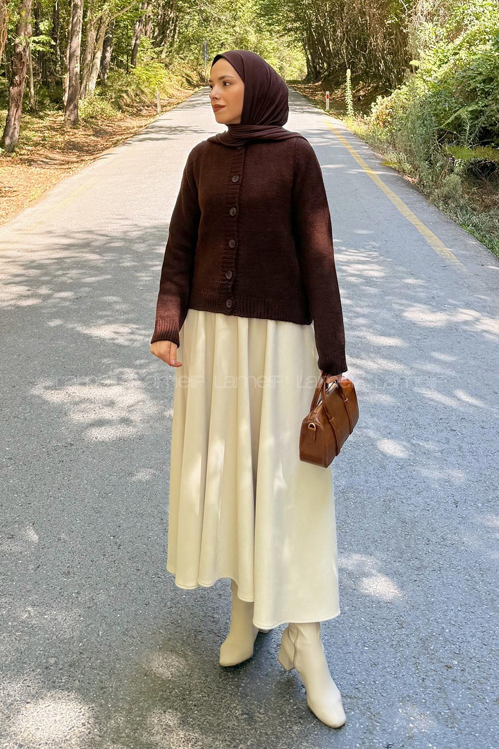 Lamelif Bisiklet Yaka Kısa Hırka Acı Kahve