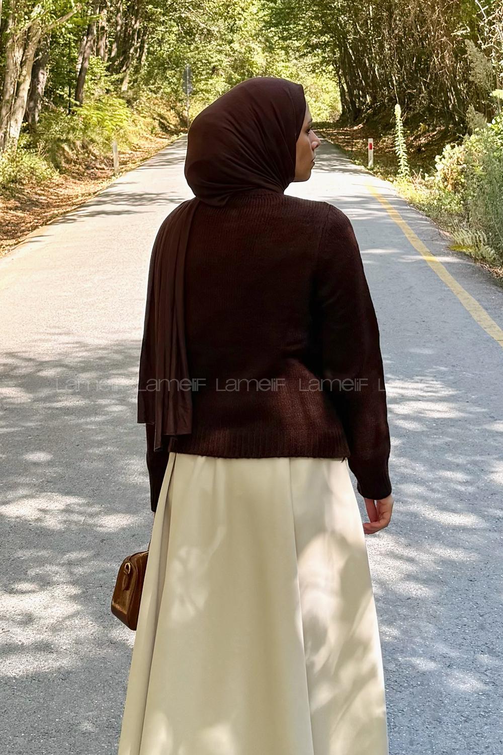 Lamelif Bisiklet Yaka Kısa Hırka Acı Kahve