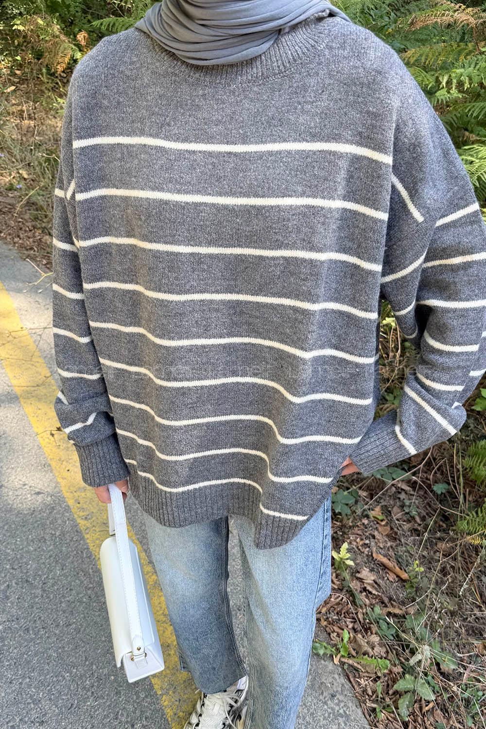 Lamelif Çizgili Triko Kazak Antrasit