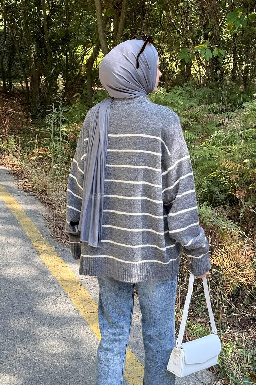 Lamelif Çizgili Triko Kazak Antrasit