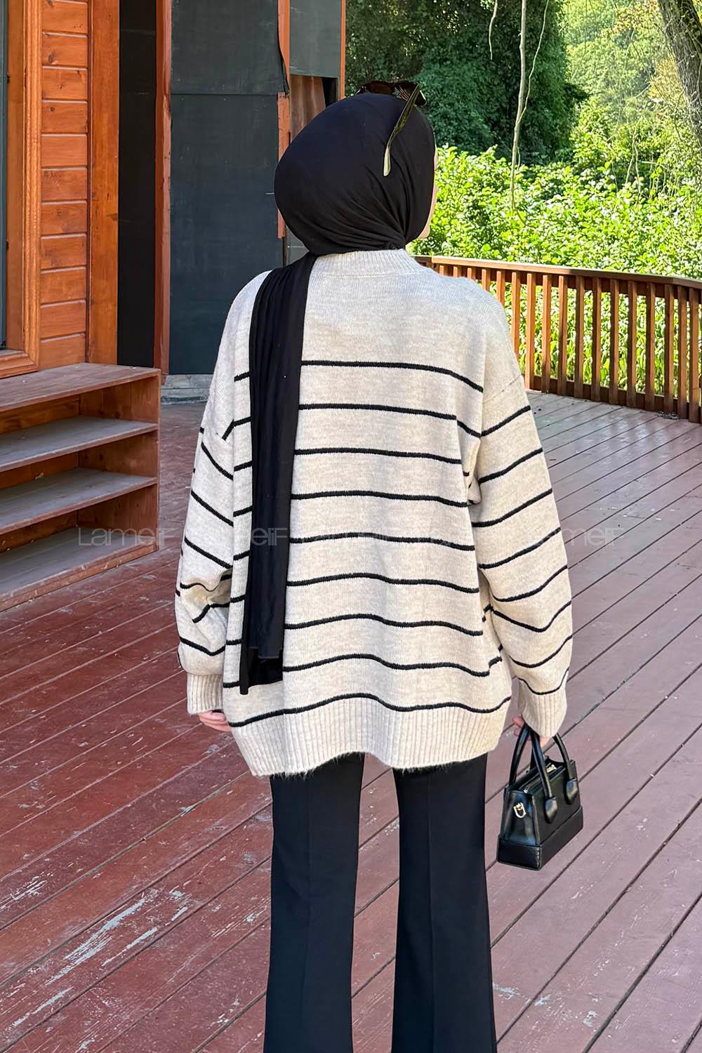 Lamelif Çizgili Triko Kazak Bej