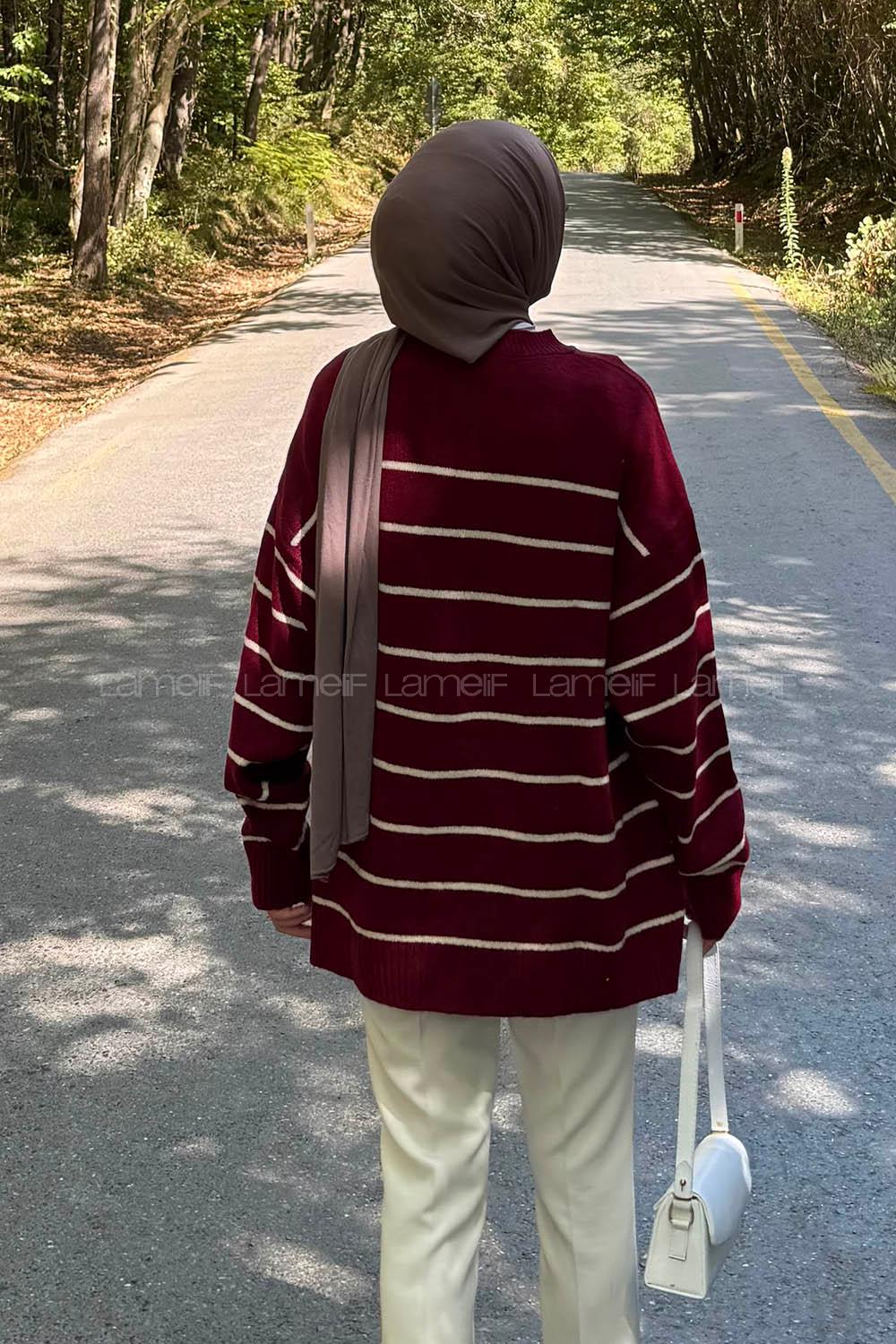 Lamelif Çizgili Triko Kazak Bordo