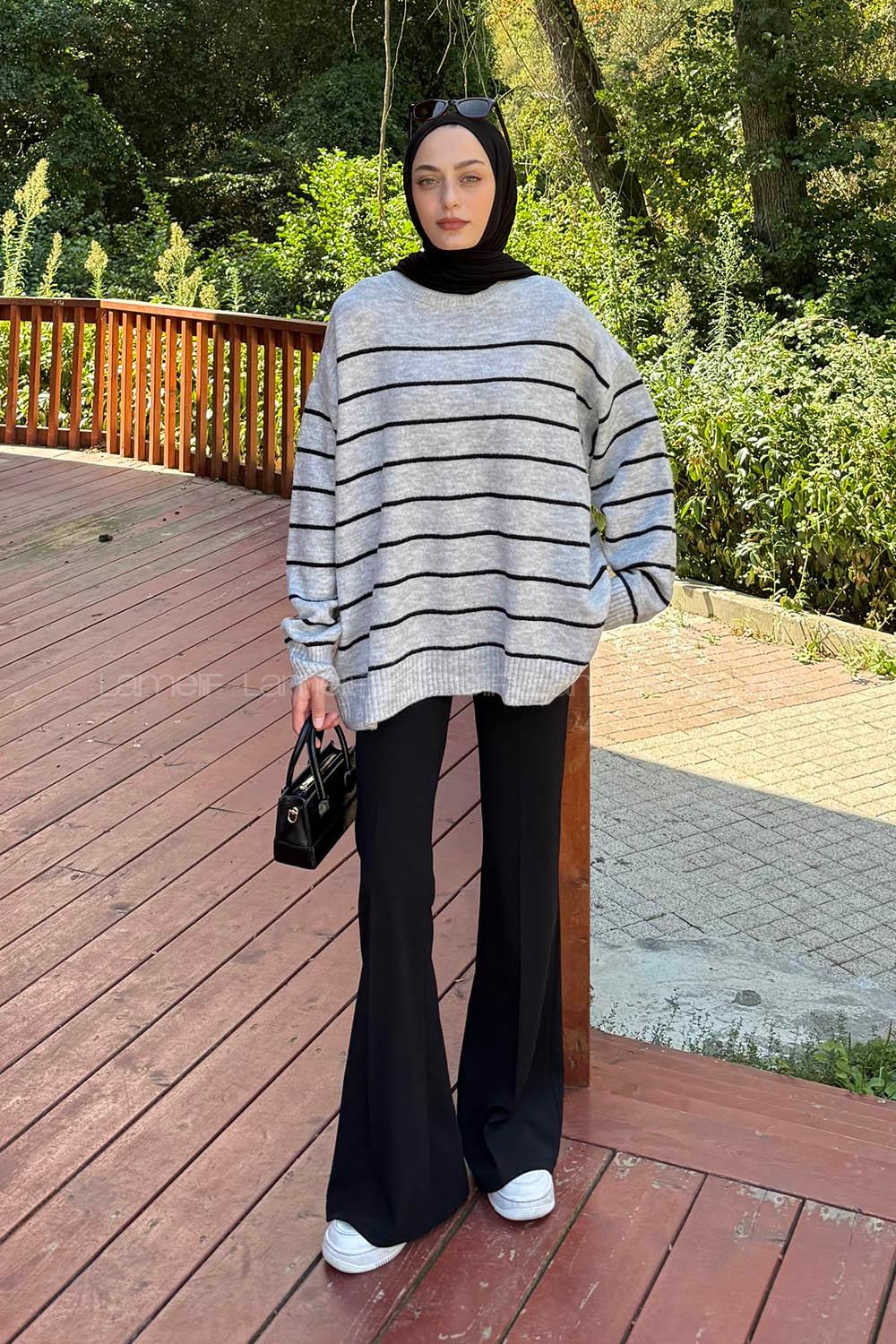 Lamelif Çizgili Triko Kazak Gri