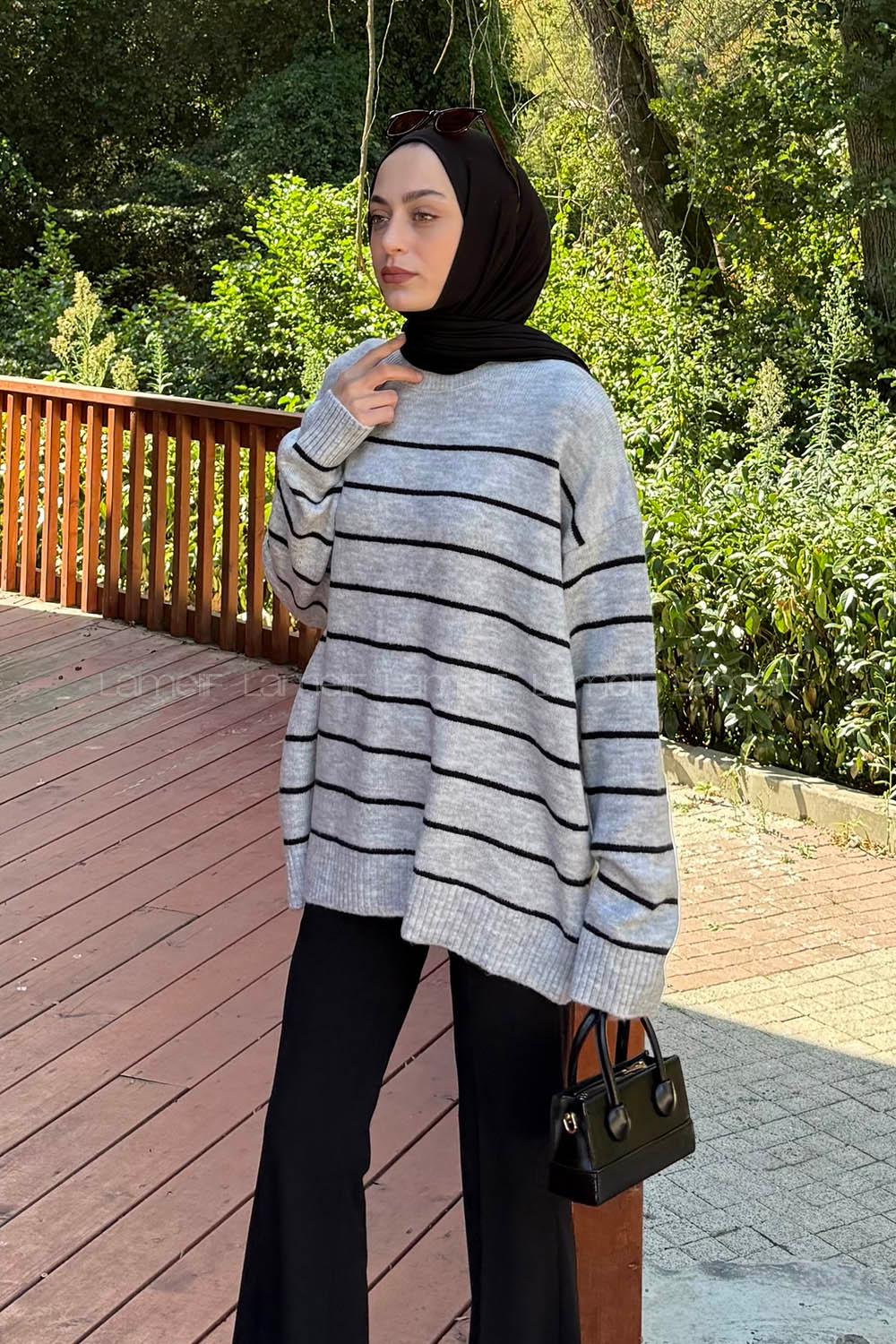 Lamelif Çizgili Triko Kazak Gri