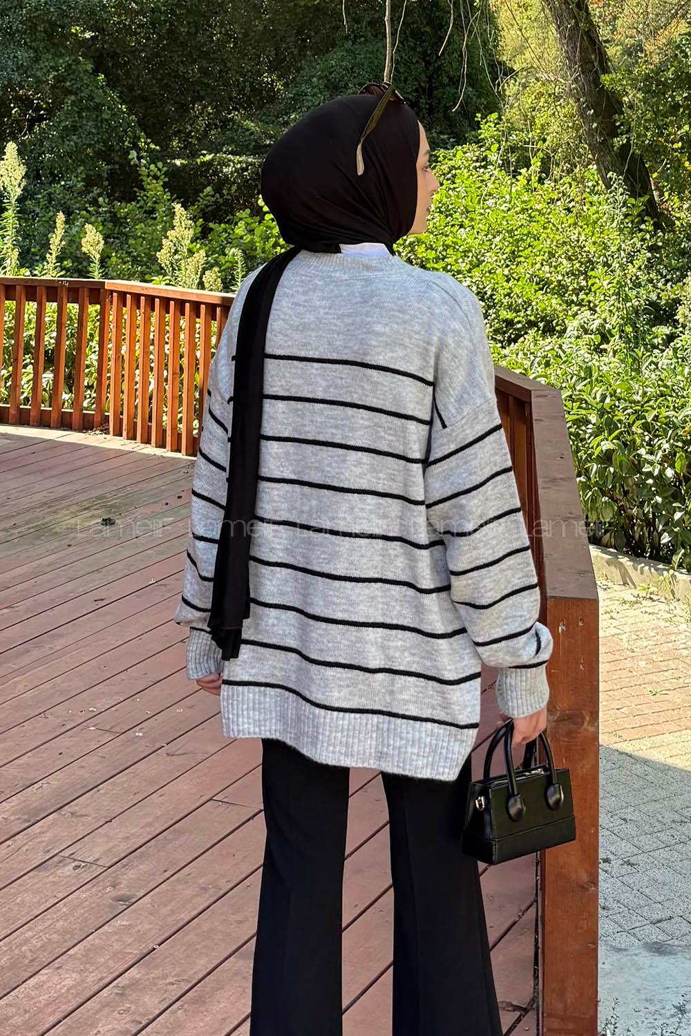 Lamelif Çizgili Triko Kazak Gri