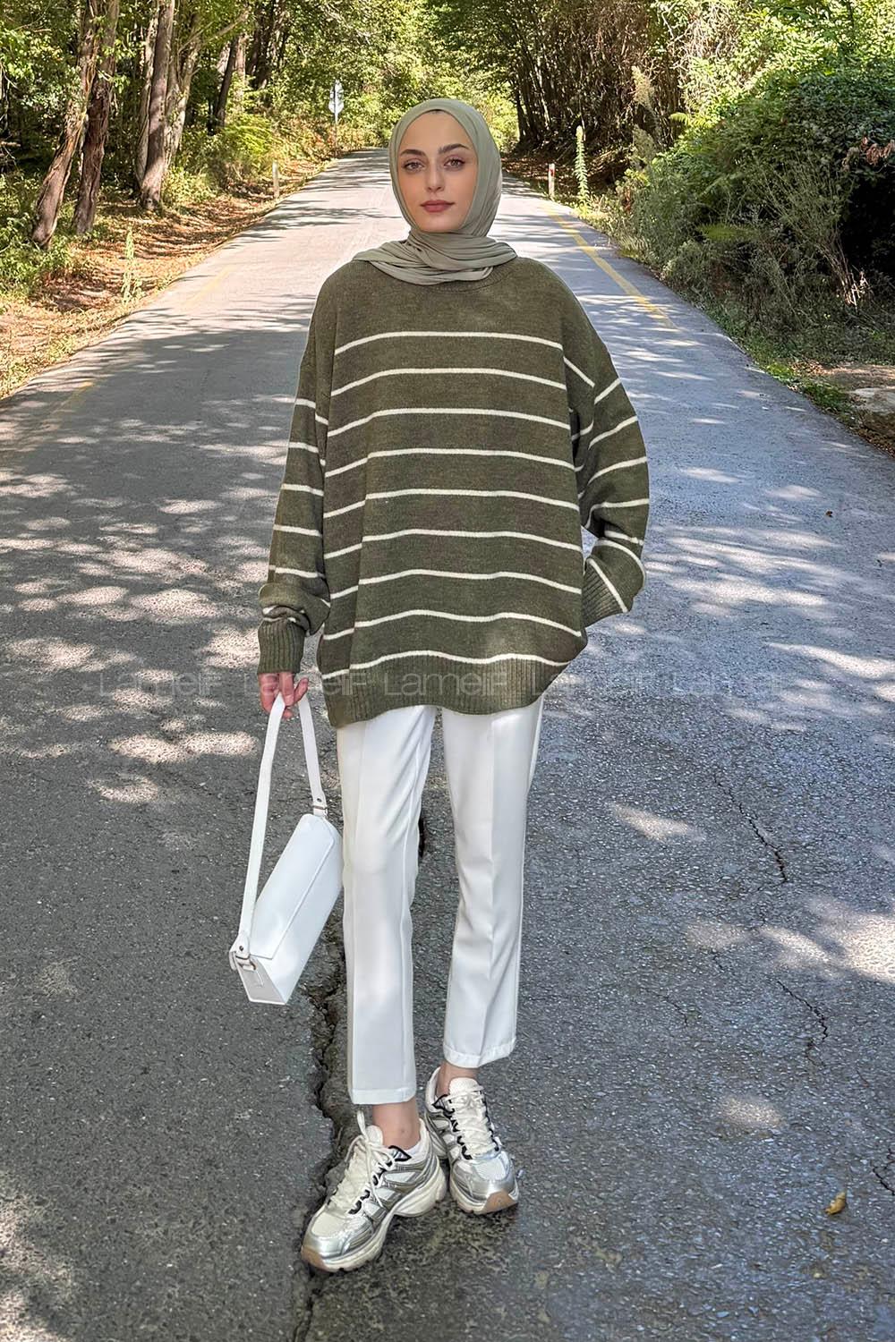 Lamelif Çizgili Triko Kazak Haki