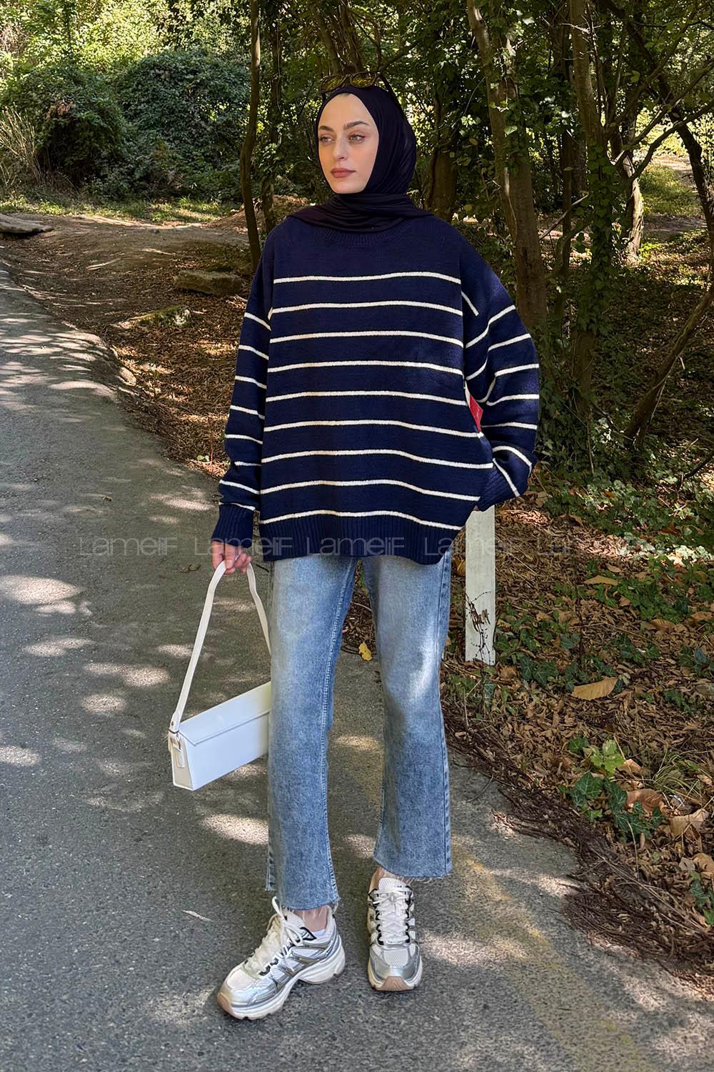 Lamelif Çizgili Triko Kazak Lacivert