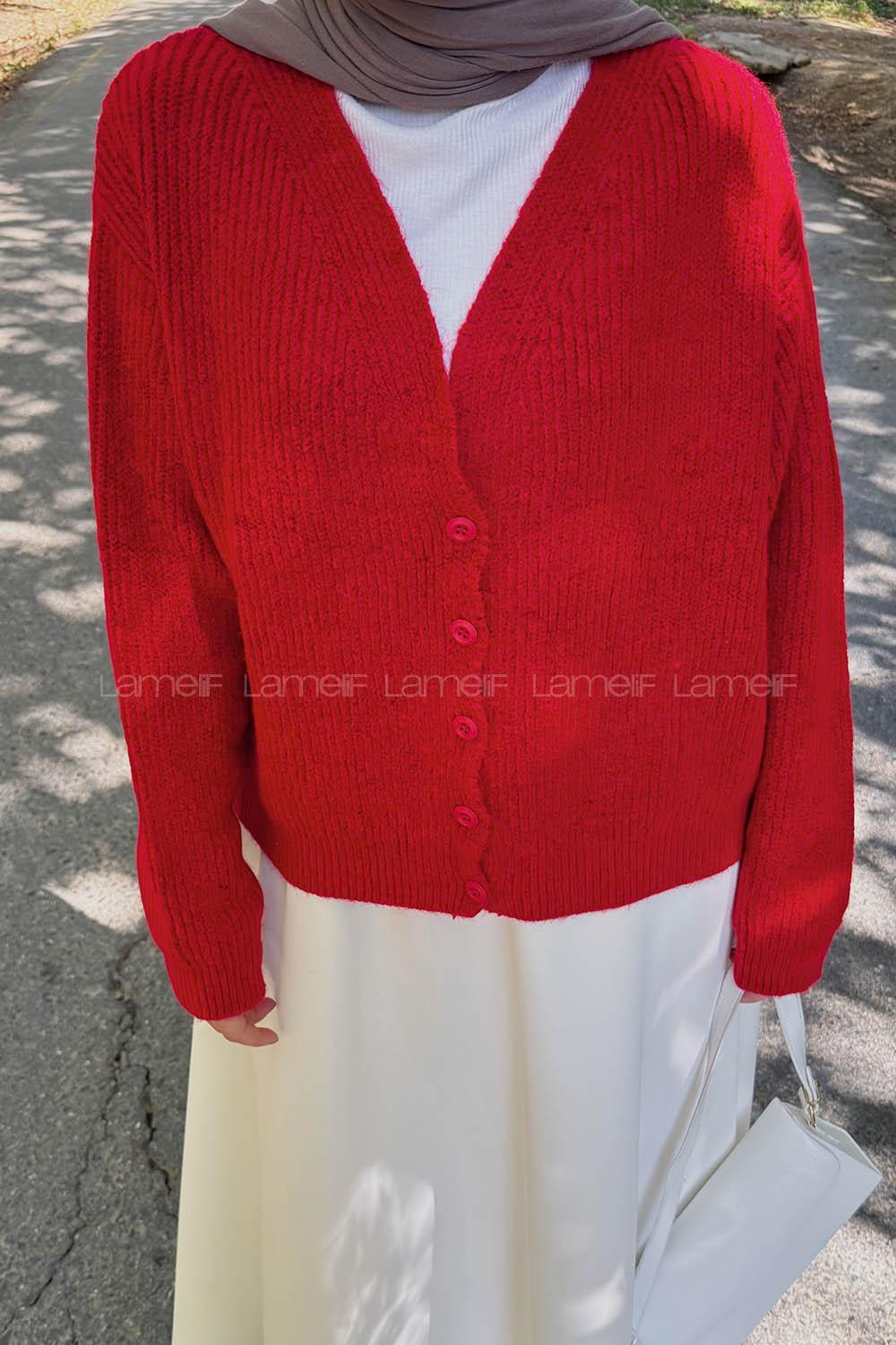 Lamelif Crop V Yaka Hırka Nar Çiçeği