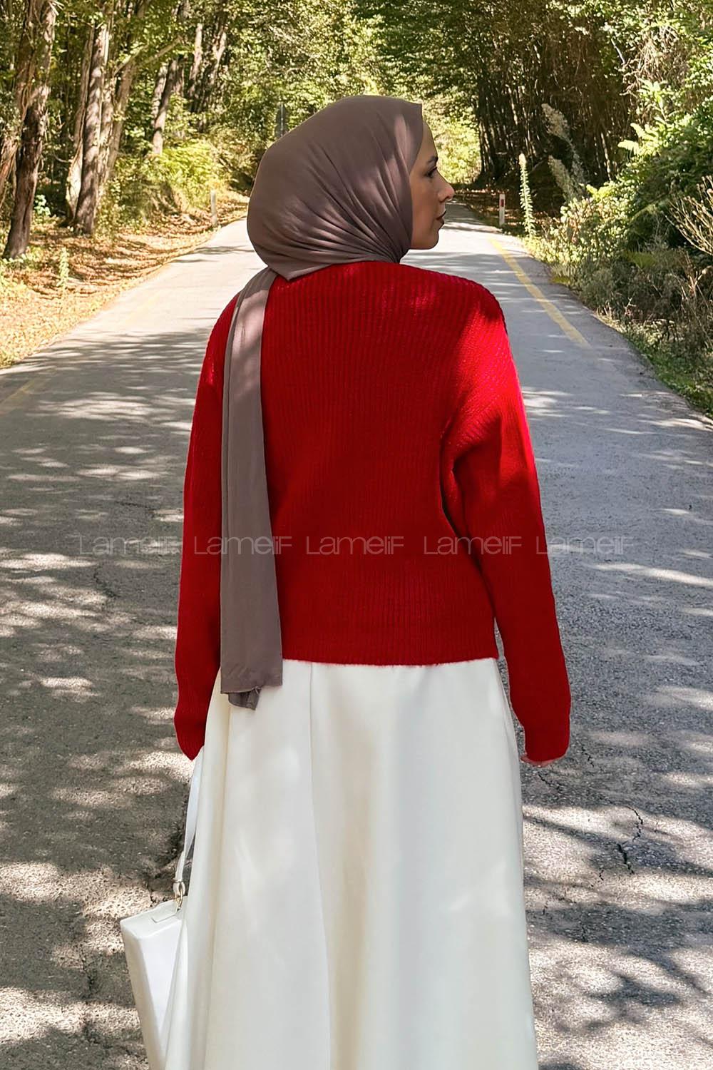 Lamelif Crop V Yaka Hırka Nar Çiçeği