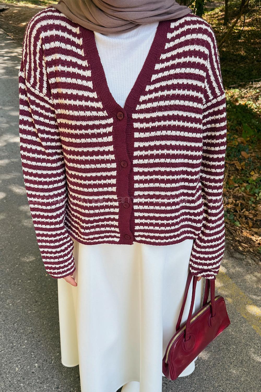 Lamelif İnce Çizgili Triko Hırka Bordo