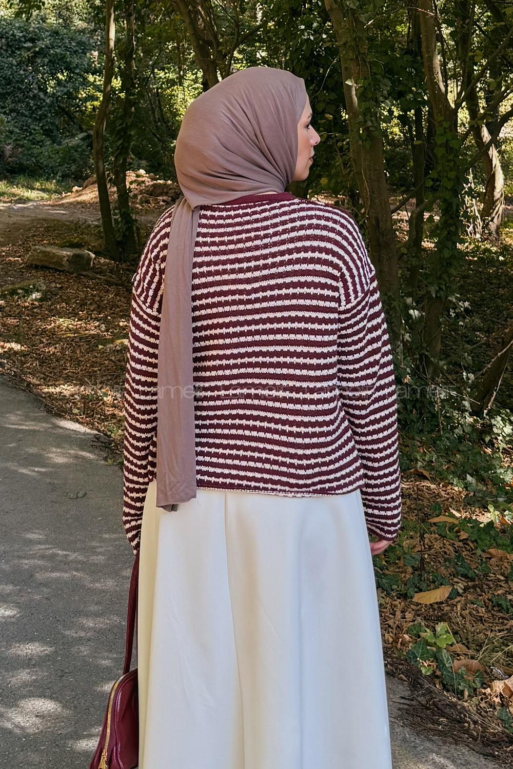 Lamelif İnce Çizgili Triko Hırka Bordo