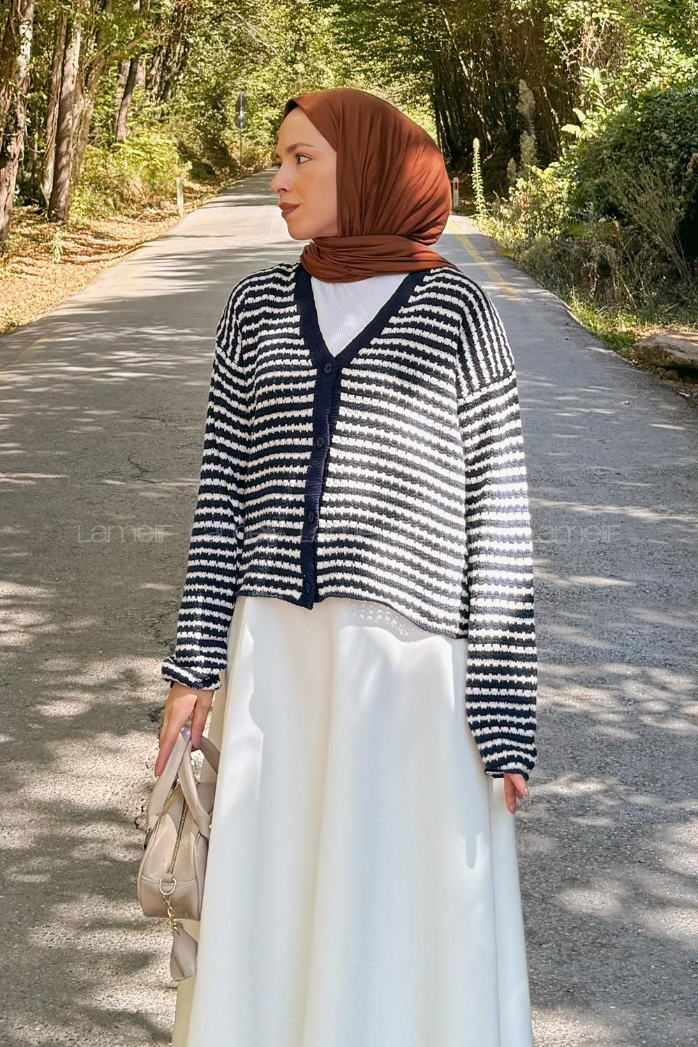 Lamelif İnce Çizgili Triko Hırka Lacivert