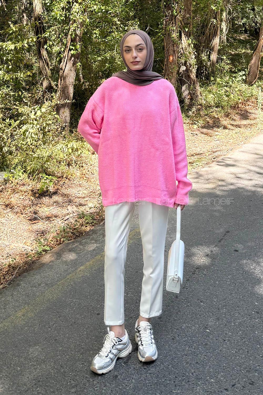 Lamelif İnce Örgülü Kazak Pembe