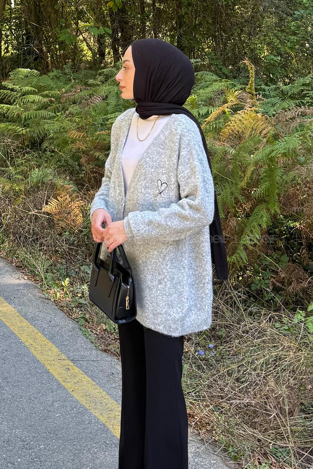 Lamelif Kalp Nakış Detaylı Oversize Hırka Gri