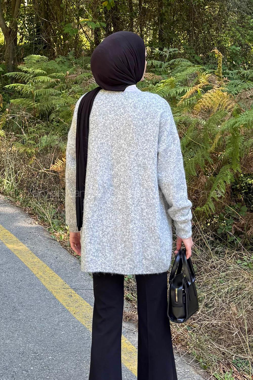 Lamelif Kalp Nakış Detaylı Oversize Hırka Gri