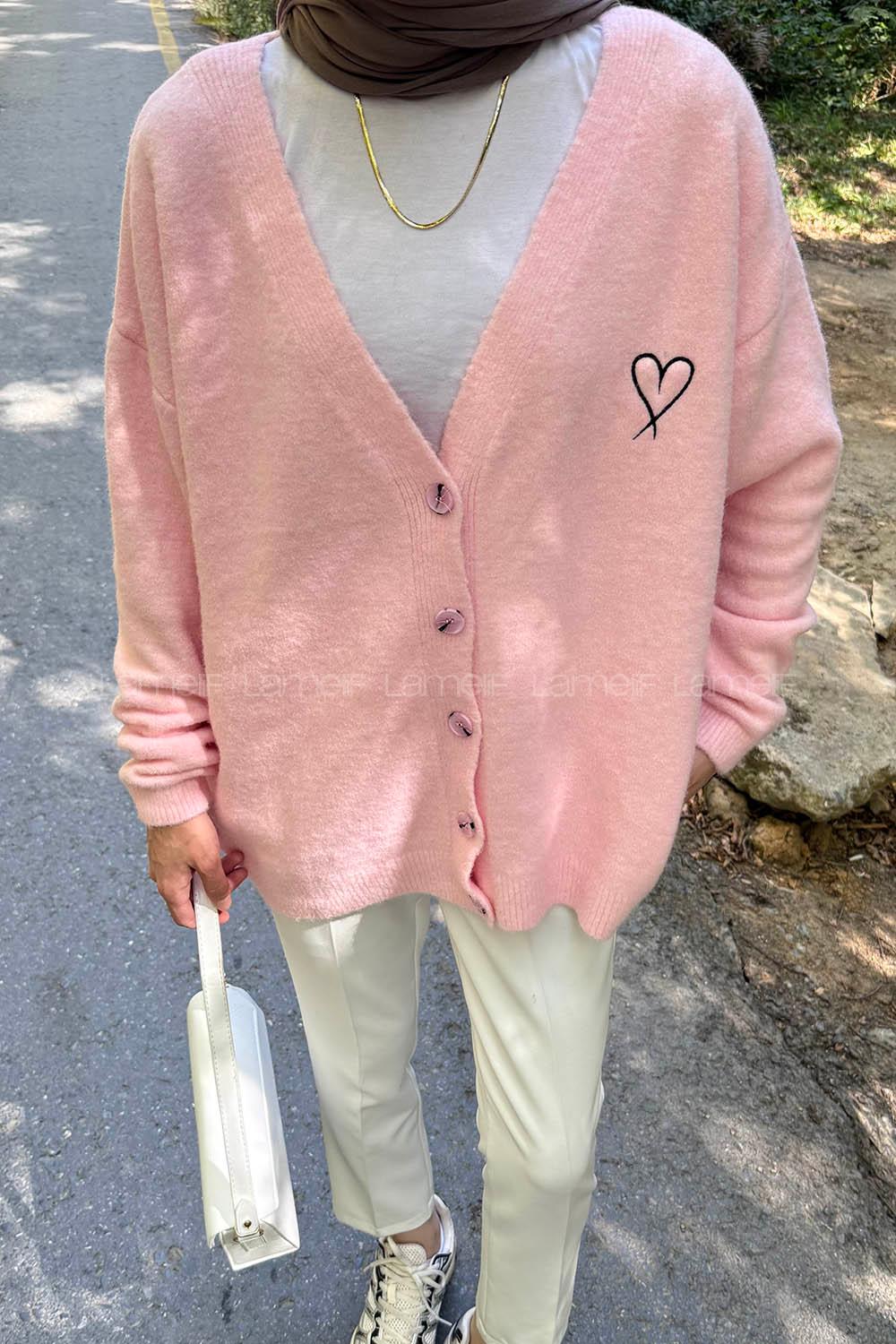 Pink V Neck Long Arm Wool Elastan Polyester Cardigan