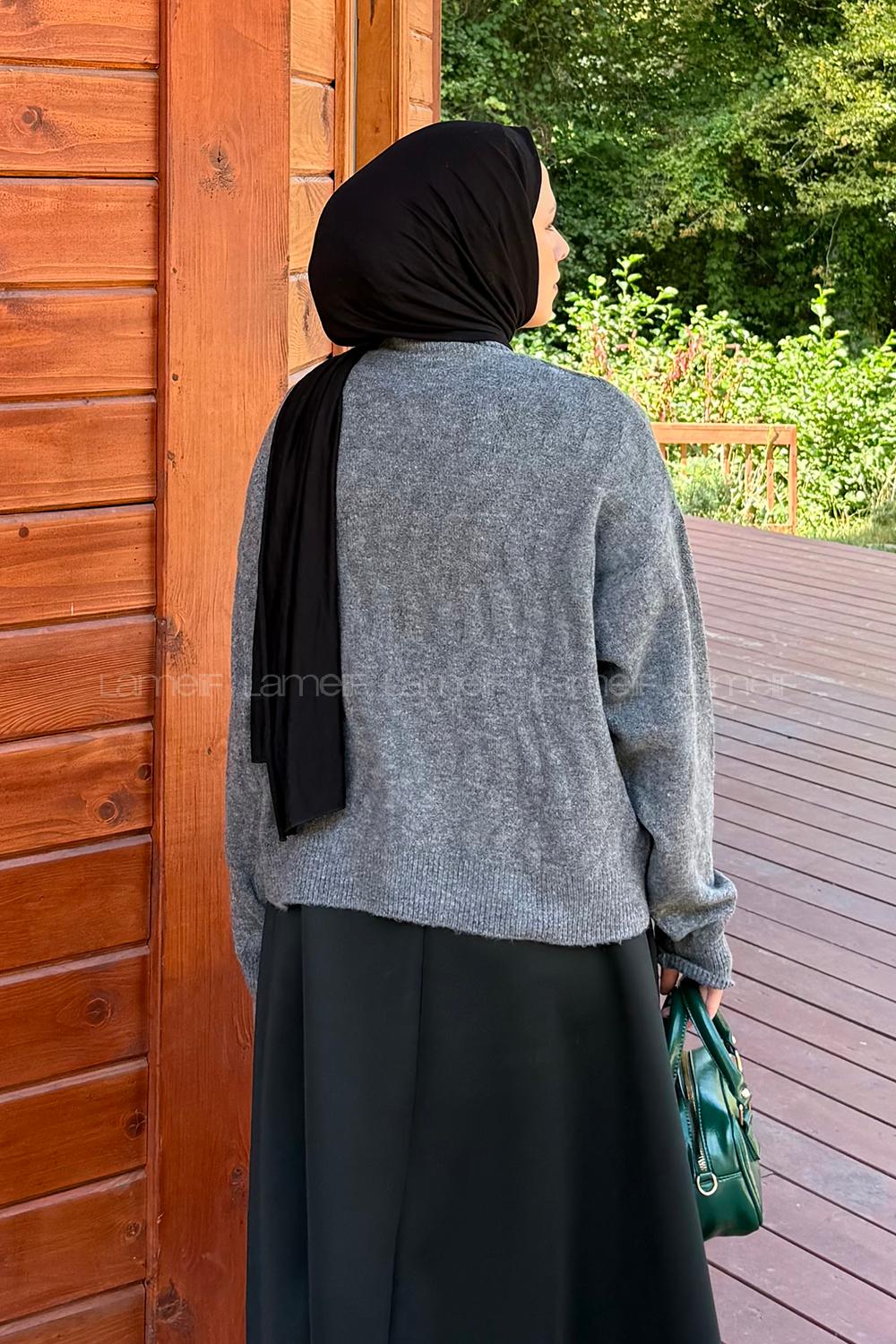 Lamelif Kendinden Desenli Triko Kazak Antrasit