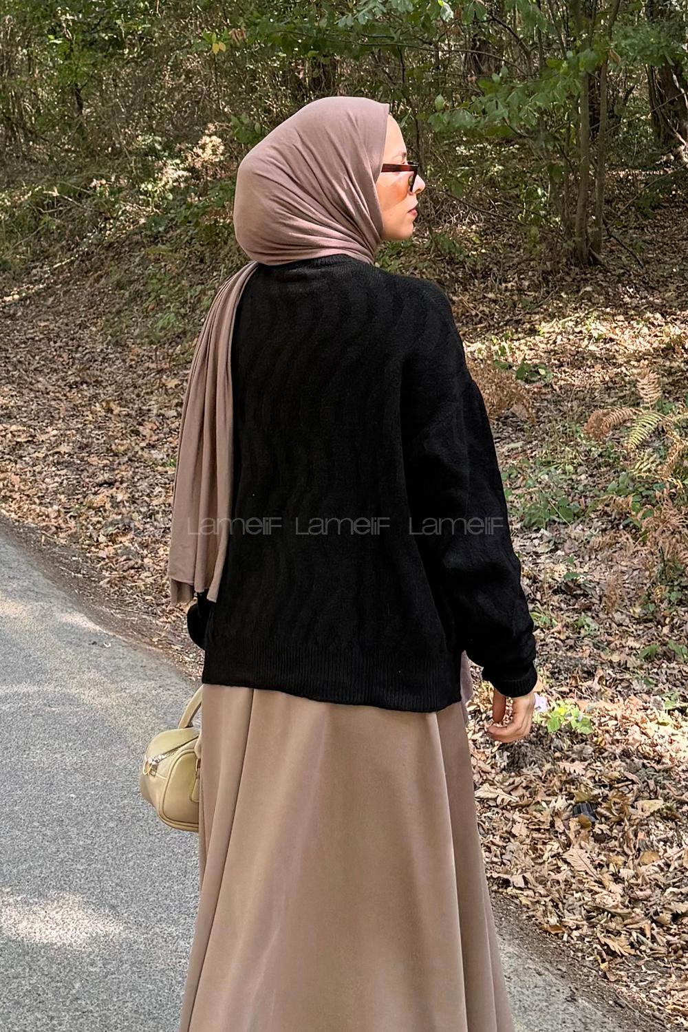 Lamelif Kendinden Desenli Triko Kazak Siyah