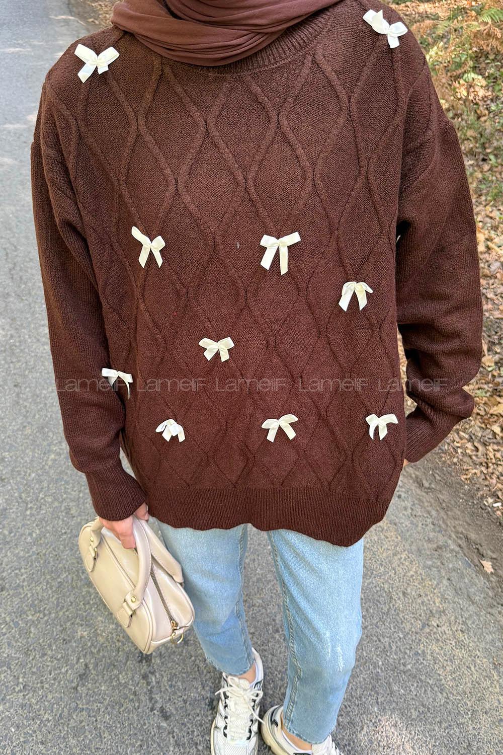 Lamelif Kurdeleli Triko Kazak Acı Kahve