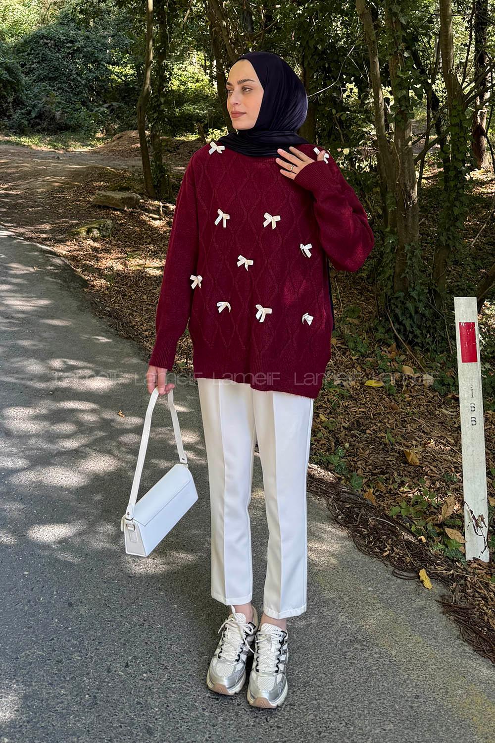 Lamelif Kurdeleli Triko Kazak Bordo