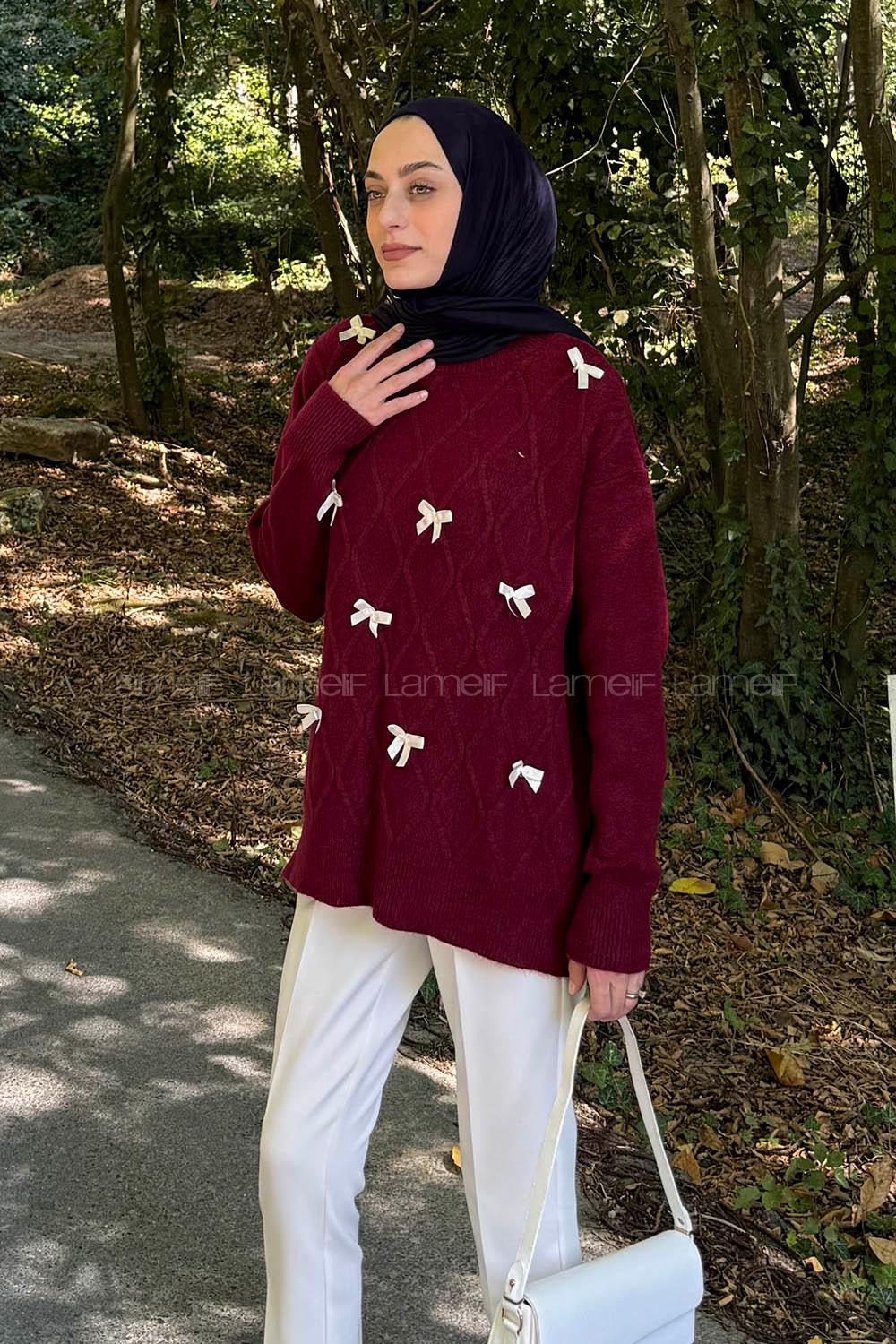 Lamelif Kurdeleli Triko Kazak Bordo