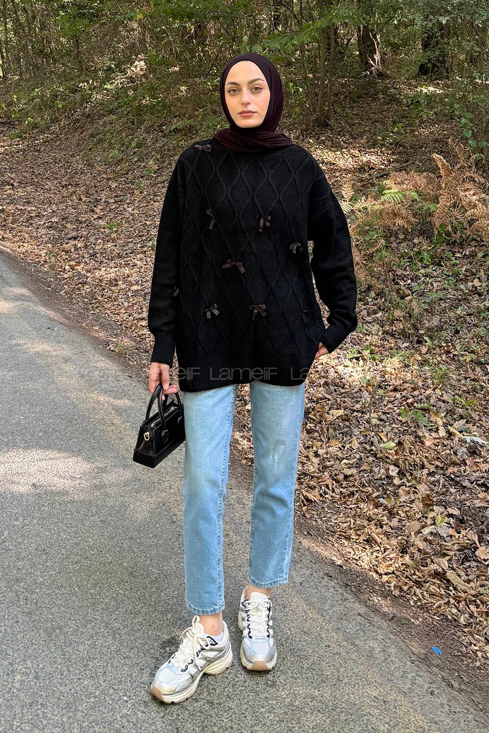 Lamelif Kurdeleli Triko Kazak Siyah