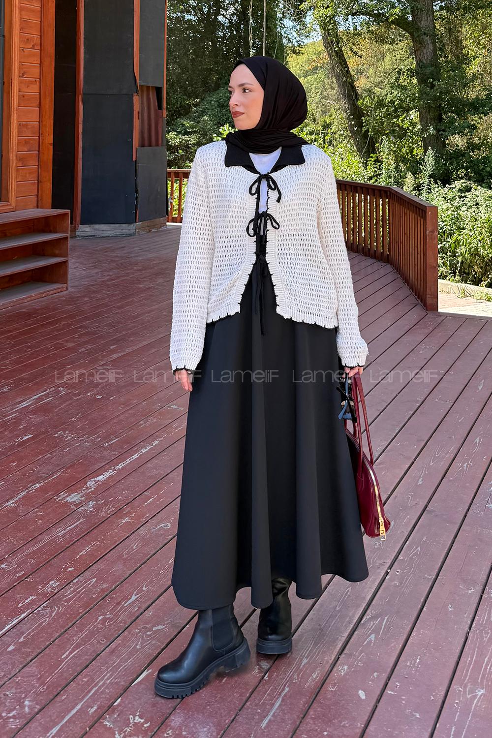 Lamelif Ön Bağcık Detaylı Ajurlu Hırka Bej