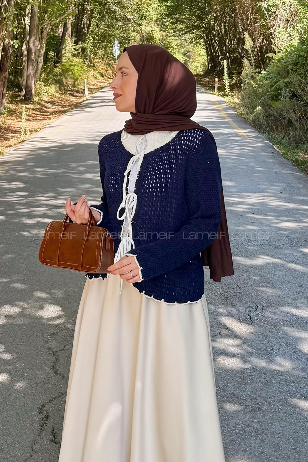 Lamelif Ön Bağcık Detaylı Ajurlu Hırka Lacivert