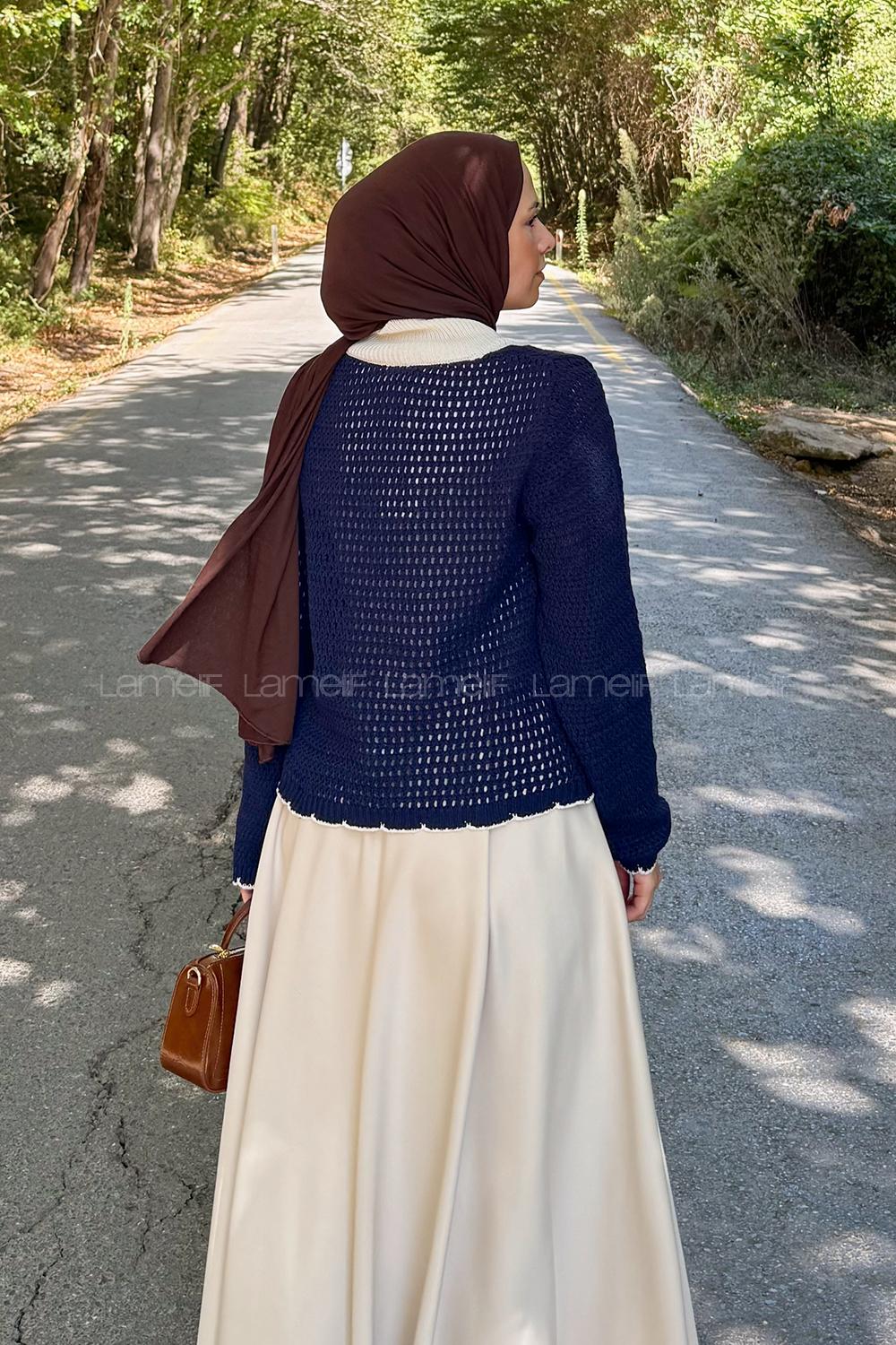 Lamelif Ön Bağcık Detaylı Ajurlu Hırka Lacivert